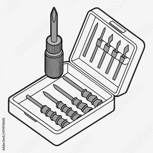 Precision screwdriver set with interchangeable bits stored in a compact open case for easy access