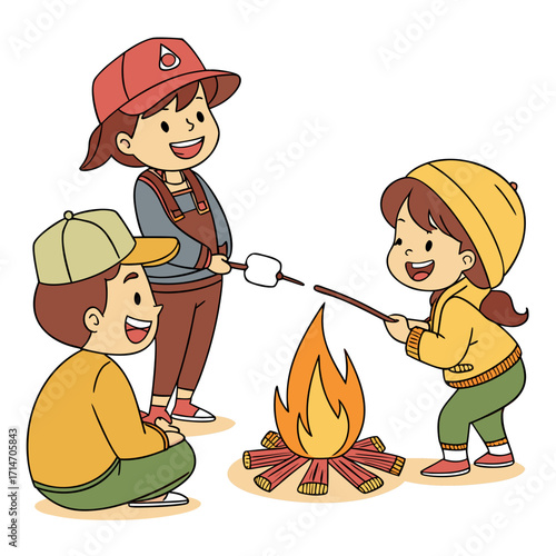 Three happy cartoon children roasting marshmallows over a campfire at night enjoying outdoor fun