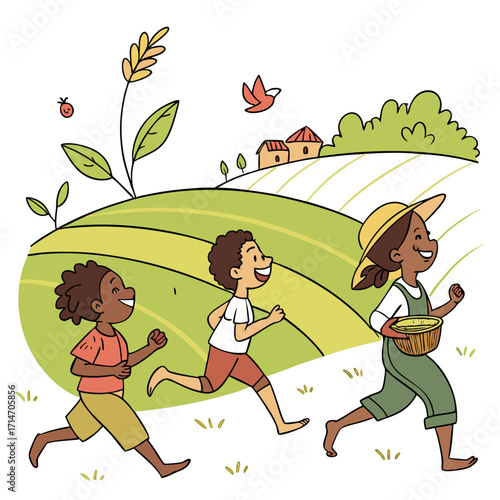 Three happy diverse children running through a green farm field with a basket and a bird flying above