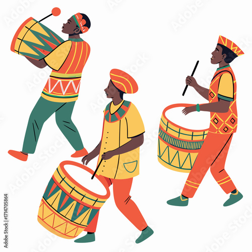 Three men in colorful traditional clothing playing drums in a rhythmic procession