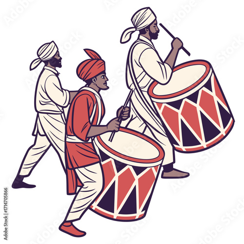 Three men in traditional attire marching and playing large drums in a celebratory procession
