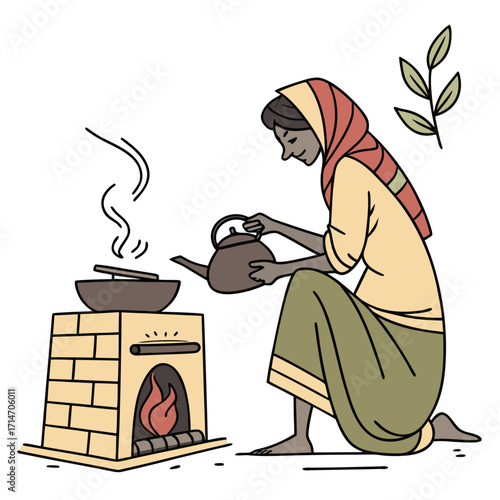Woman in traditional clothing preparing food on a brick stove with a steaming pot and kettle