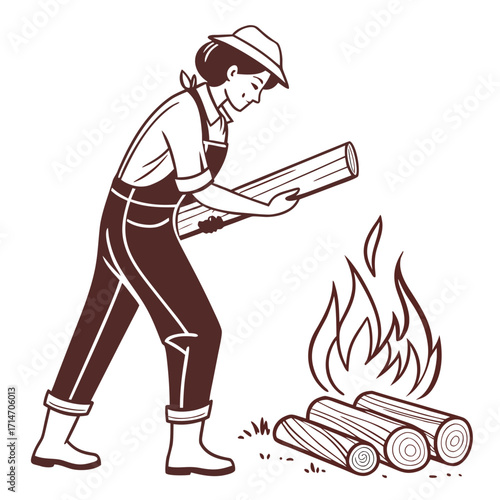 Woman wearing overalls and hat adding firewood to a campfire in a rustic outdoor scene