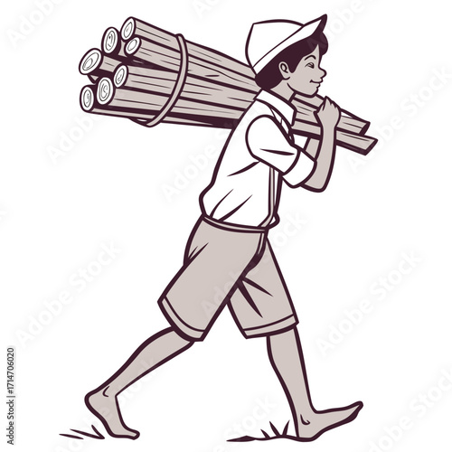 Young boy carrying a large bundle of bamboo poles on his shoulder while walking