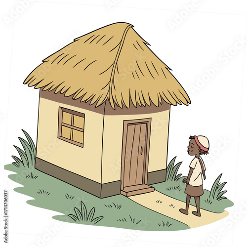 Young child wearing a hat walks towards a simple thatched roof house in a grassy area