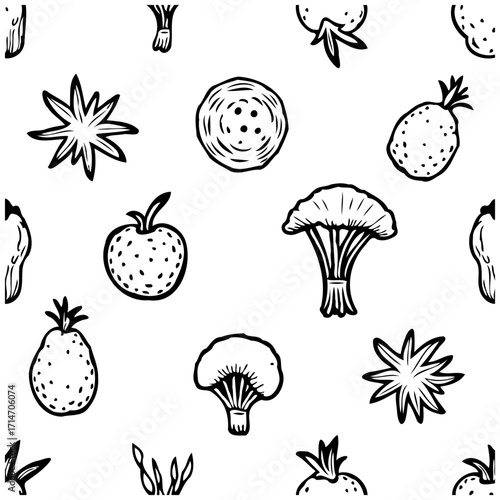 Unique hand-drawn seamless pattern with creative botanicals and unusual fruits making an elegant
