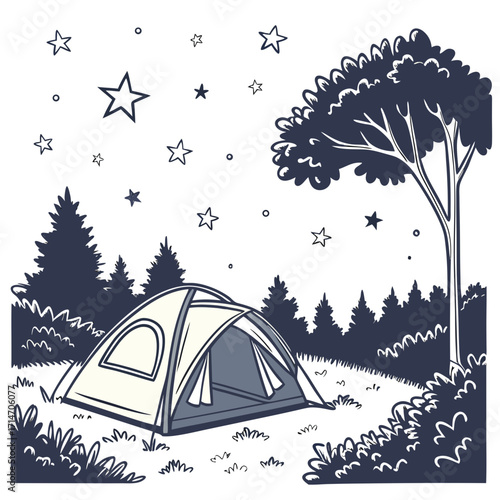 A charming hand drawn illustration of a tent pitched in a forest clearing under a starry night sky