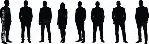 Silhouette of business people standing in formal suits, professional men and women team, corporate group illustration, office, teamwork, leadership