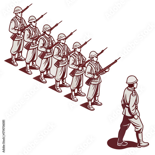A line of soldiers in uniform holding rifles marching in formation with a single soldier walking ahead