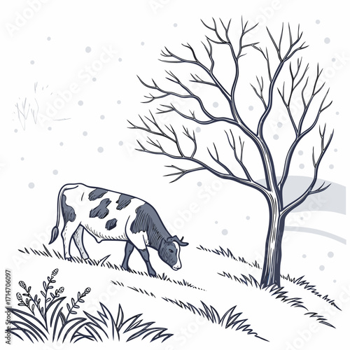 A lone cow grazes in a snowy field under a bare tree on a winter day