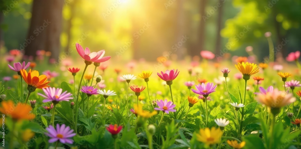 Obraz premium Vibrant wildflowers blooming in a lush meadow bathed in the warm sunlight of springtime Perfect for themes of renewal, growth, and the beauty of nature's awakening , beauty, wildflowers