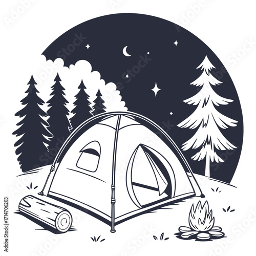 Cozy campsite under a starry night sky with a tent campfire and pine trees