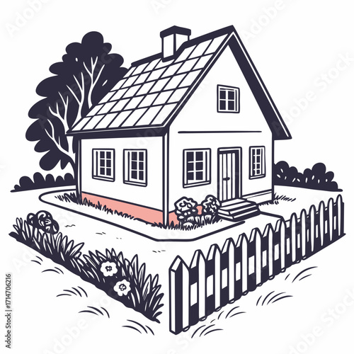 Charming hand drawn sketch of a cozy house with a fence and garden in a simple artistic style