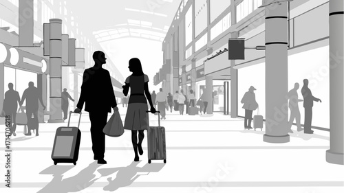 Stylish couple walking through modern airport terminal with luggage ready for exciting travel