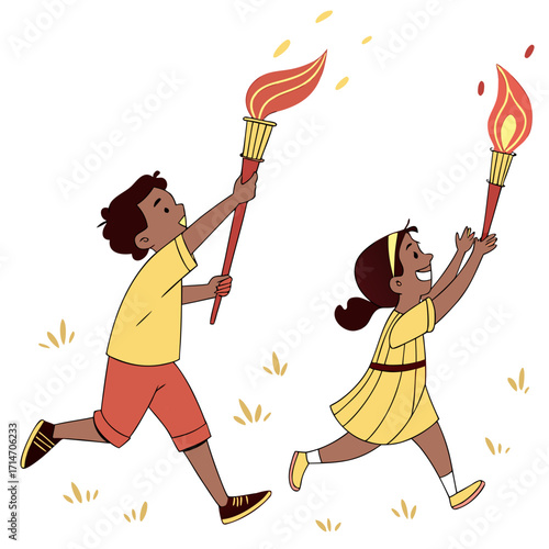 Diverse children running with olympic torches symbolizing unity sportsmanship and the spirit of competition
