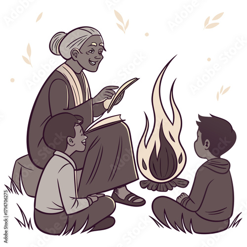 Elderly storyteller shares tales with children around a warm campfire on a peaceful evening
