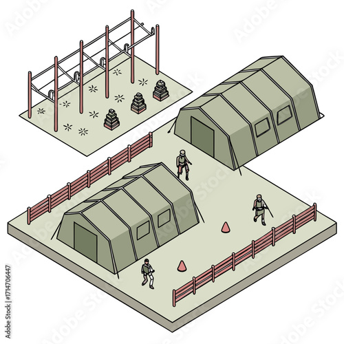 Isometric view of a military base camp with tents soldiers and training equipment