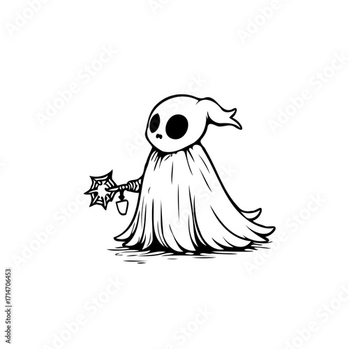 Whimsical apparition clutching a star shaped trinket against simple backdrop conveying