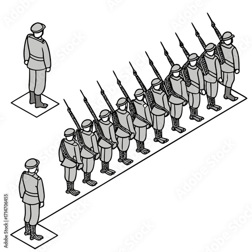 Isometric illustration of soldiers in uniform standing at attention with rifles in a line and two officers observing