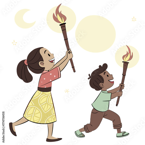 Joyful diverse children holding flaming torches and walking under a crescent moon and glowing orbs