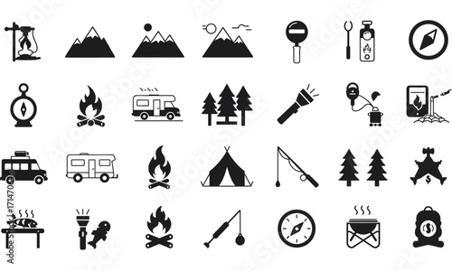 Vector icon set of travel and holiday signs and symbols