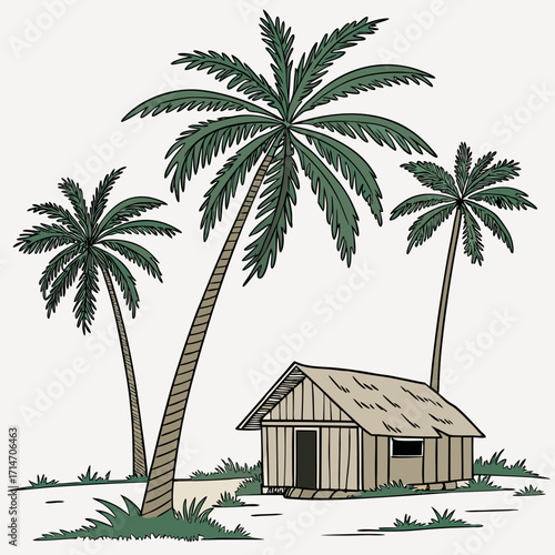 Idyllic tropical scene featuring a rustic hut surrounded by tall palm trees and lush greenery