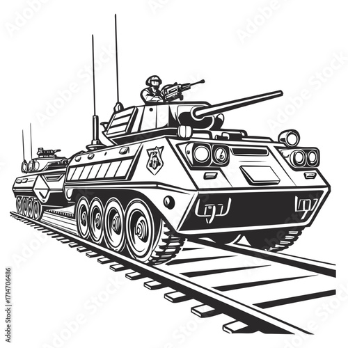 Military armored vehicles with soldiers on board moving on train tracks in a black and white illustration
