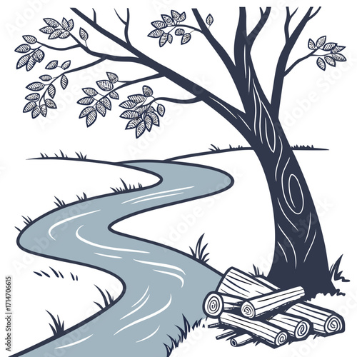 Stylized illustration of a winding river flowing past a large tree with cut logs at its base