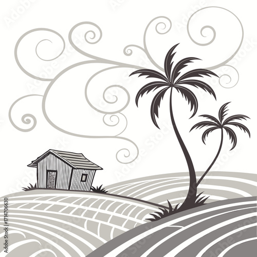Stylized tropical landscape with a small hut and palm trees against a background of swirling vines