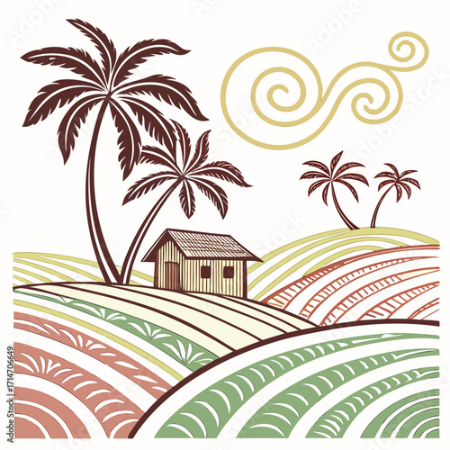 Stylized tropical landscape with palm trees a small hut and rolling hills in warm colors