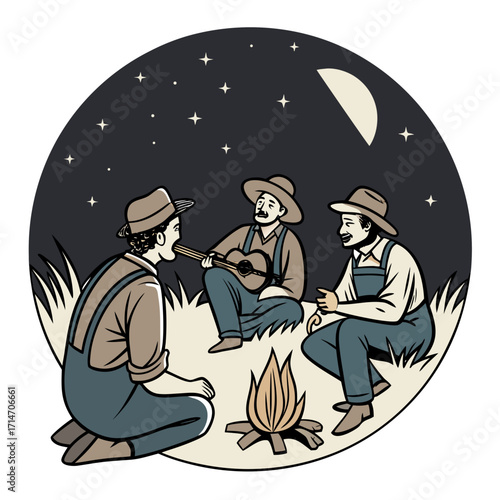 Three cowboys in hats and overalls enjoy a campfire song under a starry night sky with a crescent moon