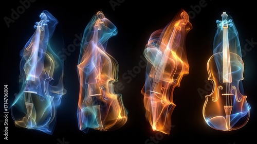 Glowing abstract violins formed with flowing neon light trails in blue and orange hues against a deep black background for modern artistic design