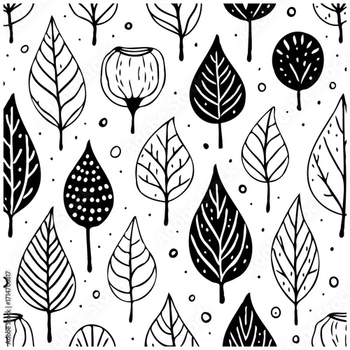 Whimsical botanical arrangement of hand drawn autumn foliage creates a charming seamless vector