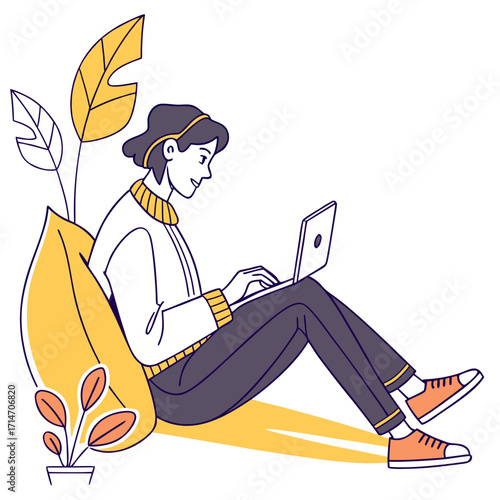 Young person sitting comfortably with a laptop and plants enjoying a relaxed work or study session