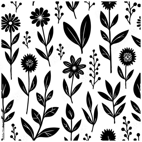 Whimsical botanical arrangement: a seamless repeating pattern of stylized flora in stark
