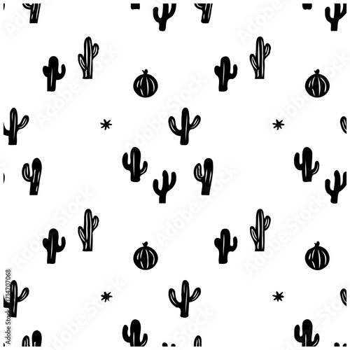 Whimsical cactus and squash pattern creates a playful desert themed black and white backdrop for a