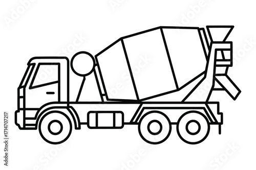 A simple line art icon of a concrete mixer truck, this vector graphic symbolizes the construction industry, heavy machinery, and industrial transport.