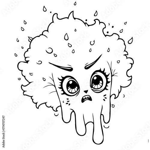 Whimsical character with a dripping face expressing frustration and conveying cartoon emotion in