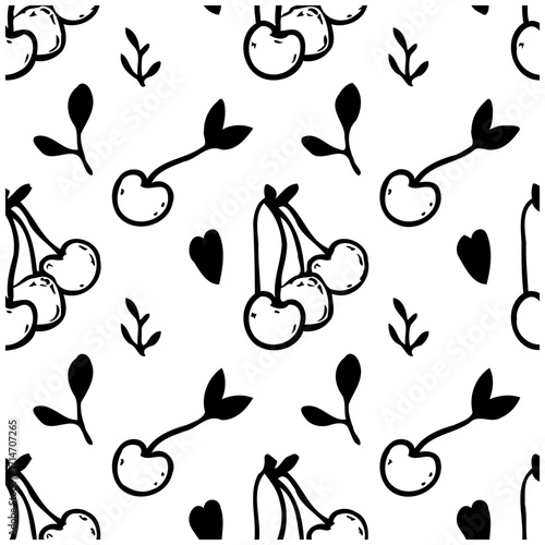 Whimsical cherry orchard seamless pattern delightful black and white botanical illustration