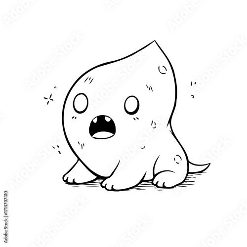 Whimsical creature ink drawing isolated on white showcasing a simple outline design and cute