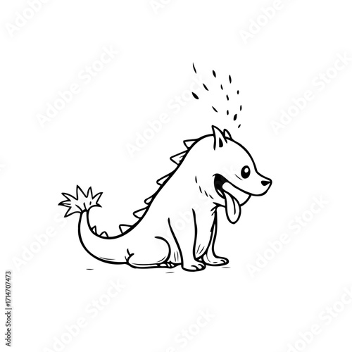 Whimsical creature with spiky back and tail sits with tongue out in playful simplicity