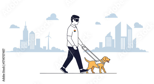 Vector art of blind man with guide dog walking in a city with buildings