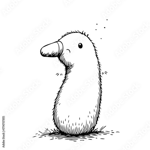 Whimsical fuzzy creature illustration standing on grassy patch conveying minimalist charm and