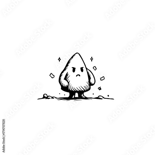 Whimsical grumpy character with cartoonish design, minimal black lines, creating charming and
