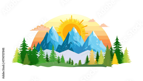 Mountain landscape vector illustration with sunrise and forest for outdoor nature adventure design