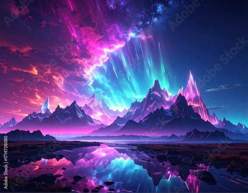 Futuristic Glowing Mountainscape with Neon Aurora