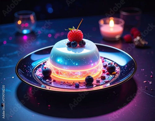 Futuristic Glowing Neon Chocolate Dessert with Berries