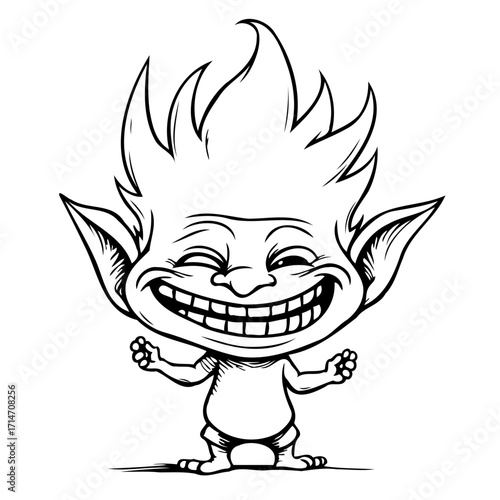 Whimsical mischievous sprite character line art illustration with pointy ears and unruly hair