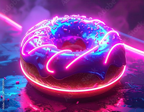 Futuristic Glowing Neon Donut with Blue Glaze