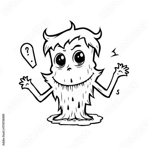 Whimsical puzzled creature with dripping beard in black and white line art illustration cartoon